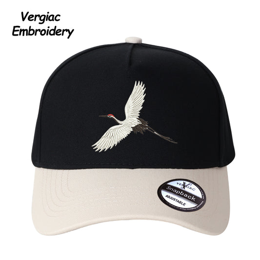 Red-Crowned Crane Embroidered Color Block Trucker Hat, Adjustable Unisex Cap for Travel and Everyday Wear