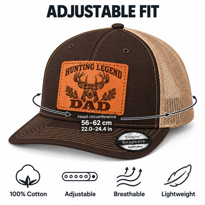Hunting Legend Dad Deer Head And Oak Leaf Graphic Leather Patch Trucker Hat