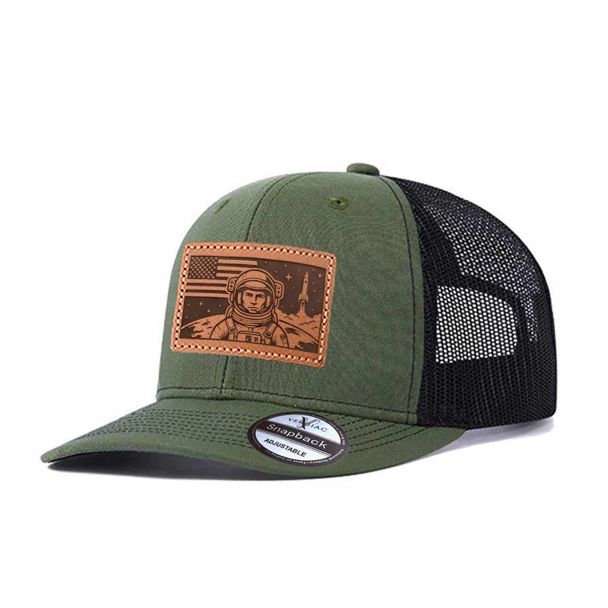 American Astronaut and Rocket Leather Patch Baseball Cap, Men's Breathable Adjustable Mesh Trucker Hat for Outdoor and Travel Wear