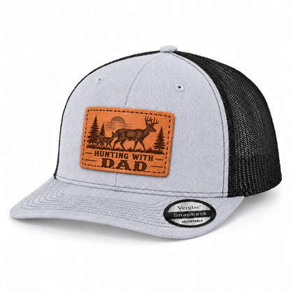 Hunting With Dad Deer And Pine Tree Graphic Leather Patch Trucker Hat