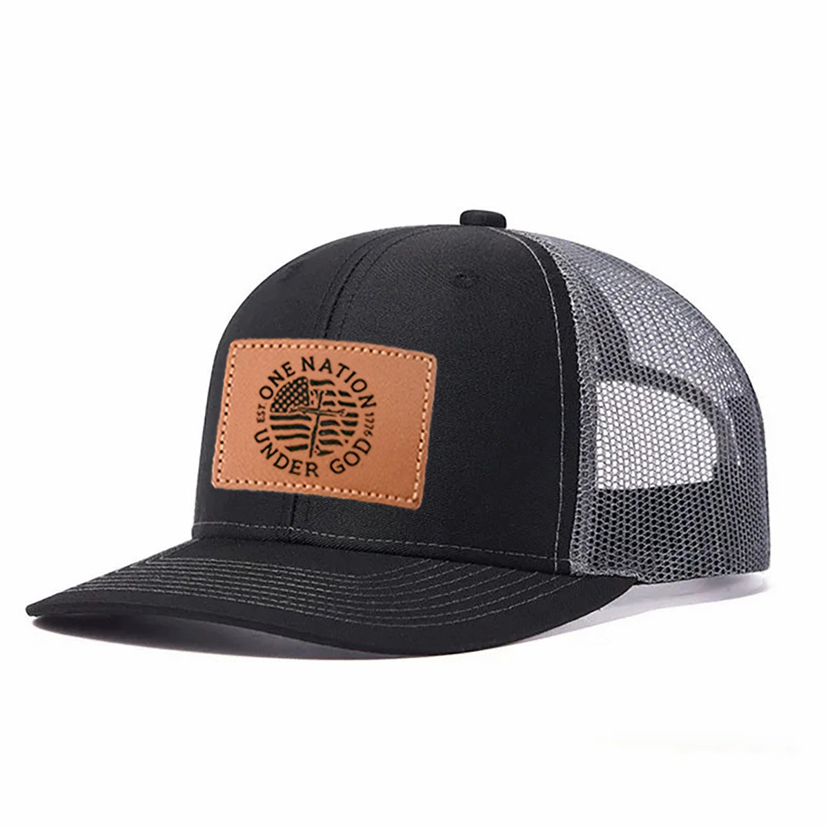One Nation Under God Leather Patch Trucker Hat