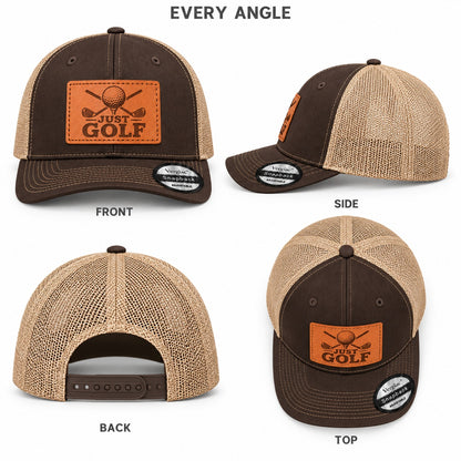 Just Golf Golf Club Graphic Leather Patch Trucker Hat