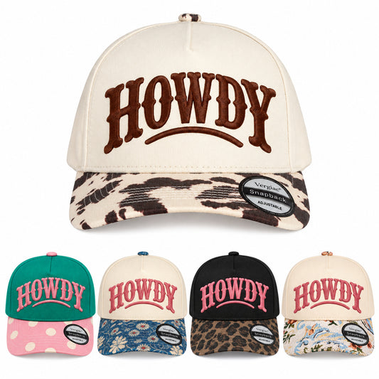 HOWDY Vintage Western Letter Embroidered 5-Panel Cotton Trucker Hat with Printed Brim and Structured Front, Adjustable Unisex Baseball Cap, 1 Piece