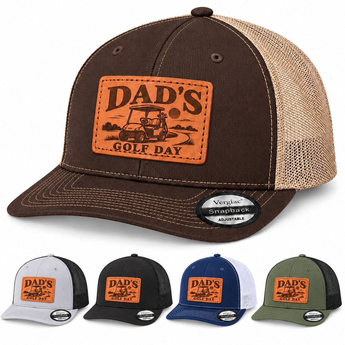 Dad's Golf Day Golf Cart Graphic Leather Patch Trucker Hat