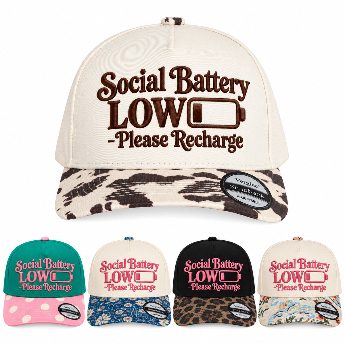 Social Battery Low Please Recharge Battery Graphic 5-Panel Trucker Hat