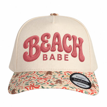 BEACH BABE Beach-Themed Letter Embroidered 5-Panel Cotton Trucker Hat with Printed Brim and Structured Front, Adjustable Unisex Baseball Cap, 1 Piece