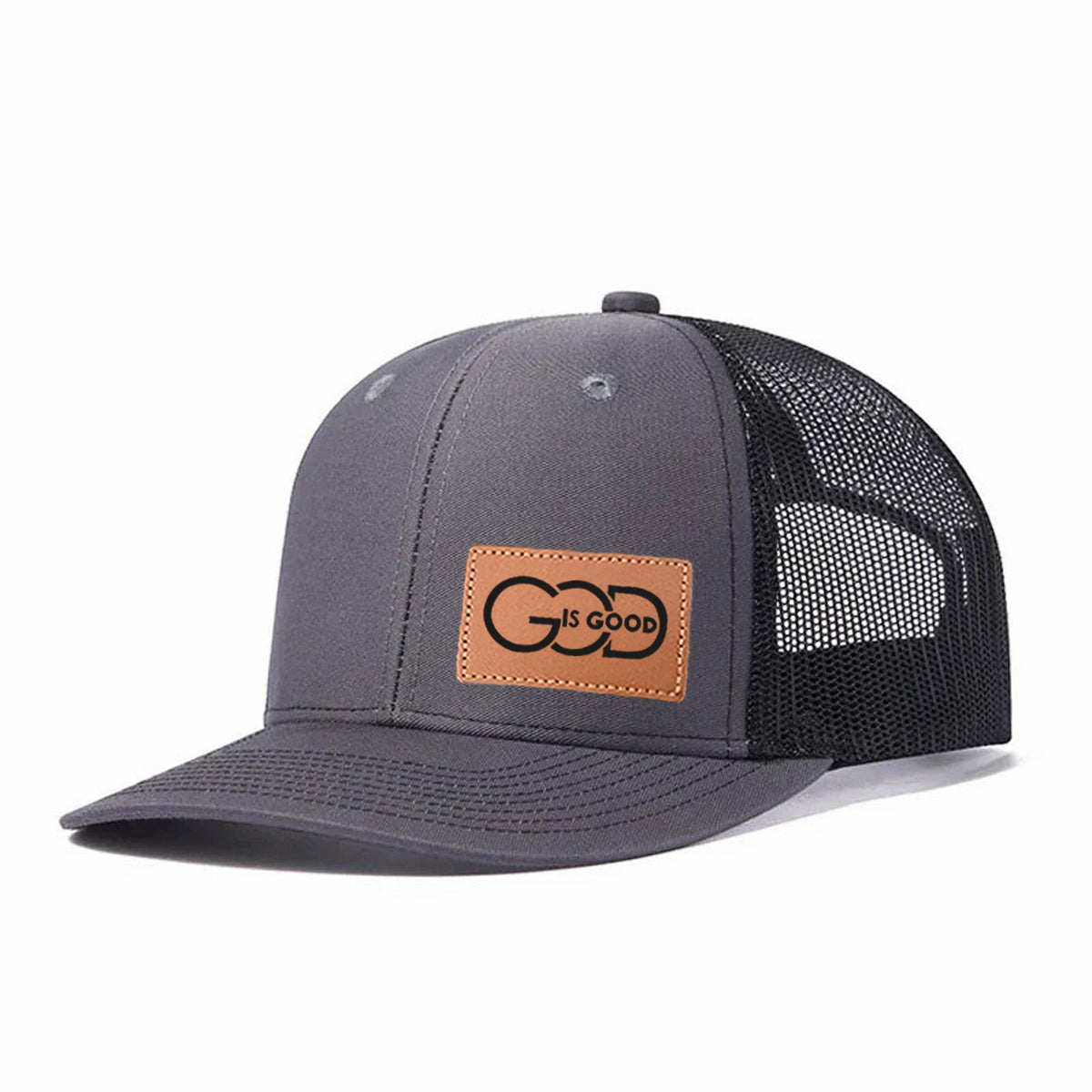 God Is Good Leather Patch Trucker Hat