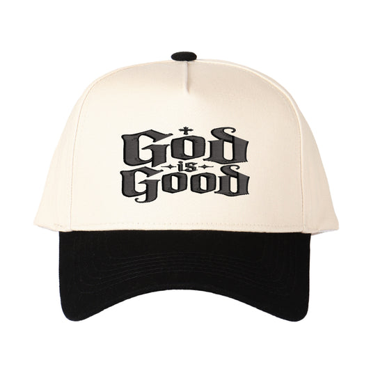 God is Good Gothic Embroidered Baseball Cap, Christian Faith Vintage Dad Hat for Men Women, Embroidered Color Block Trucker Hat Unisex Adjustable Cotton Breathable Fashion Cap for Travel Daily Wear
