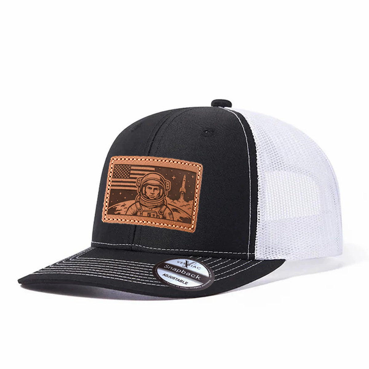 American Astronaut and Rocket Leather Patch Baseball Cap, Men's Breathable Adjustable Mesh Trucker Hat for Outdoor and Travel Wear