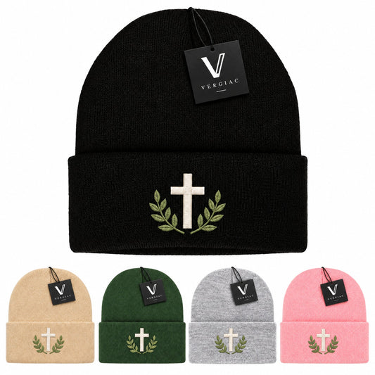 A Cross and Olive Branches Embroidered Acrylic Knitted Hat Unisex High Elasticity High Gram Weight Warm and Comfortable