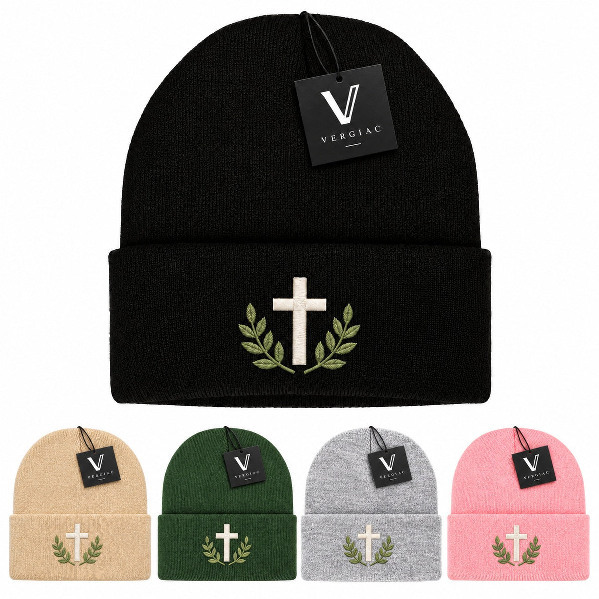 A Cross and Olive Branches Embroidered Acrylic Knitted Hat Unisex High Elasticity High Gram Weight Warm and Comfortable