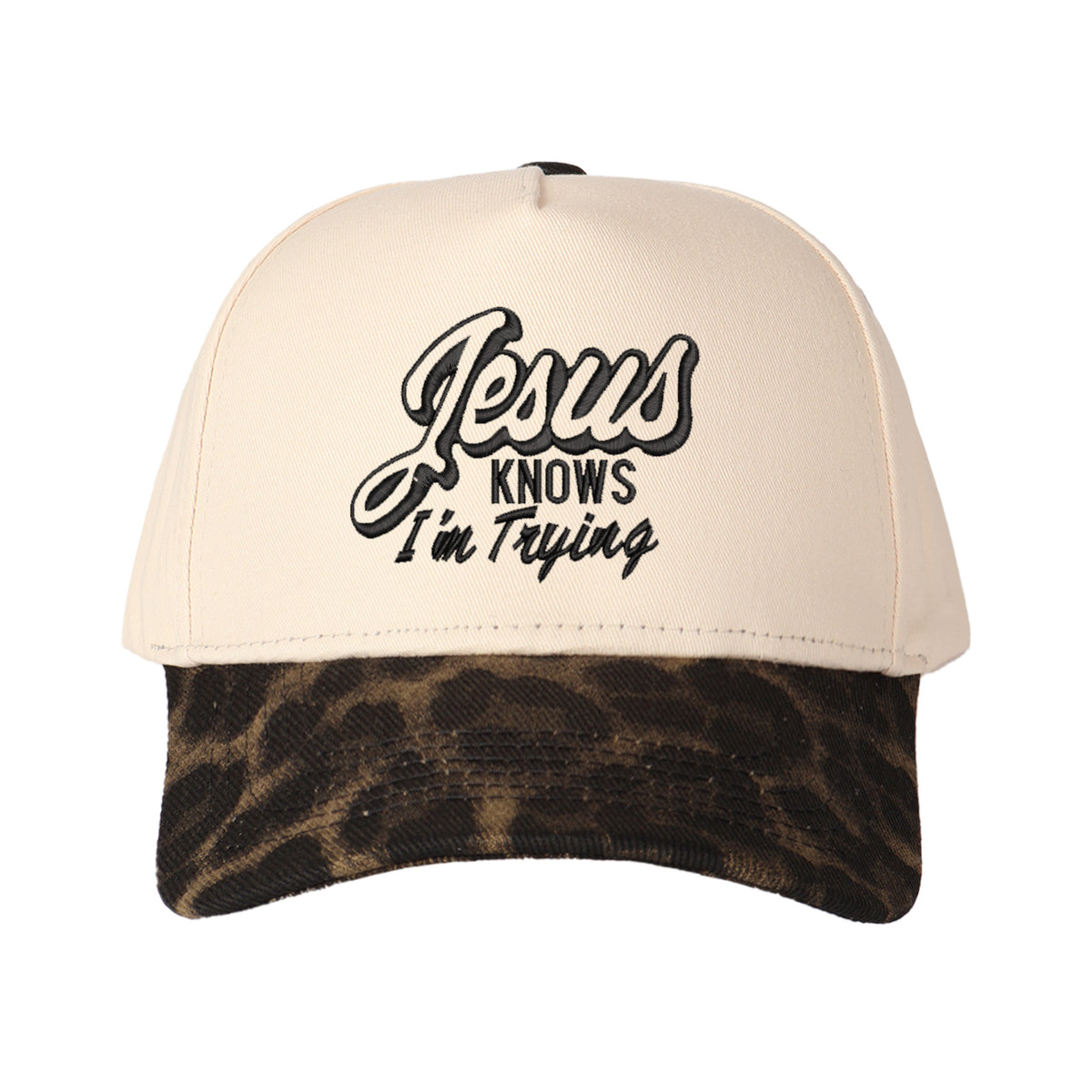 Jesus Knows I'm Trying Embroidered Trucker Hat