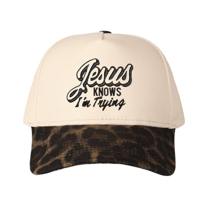 Jesus Knows I'm Trying Embroidered Trucker Hat