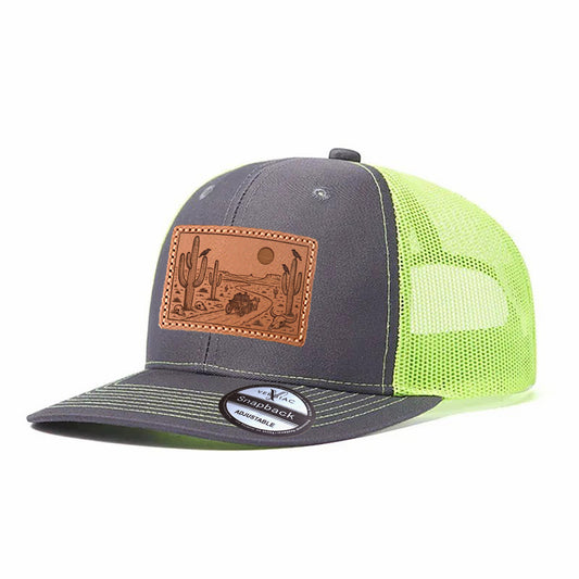 Western Gobi Desert Sunset Leather Patch Baseball Cap, Men's Breathable Adjustable Mesh Trucker Hat for Outdoor and Travel Wear