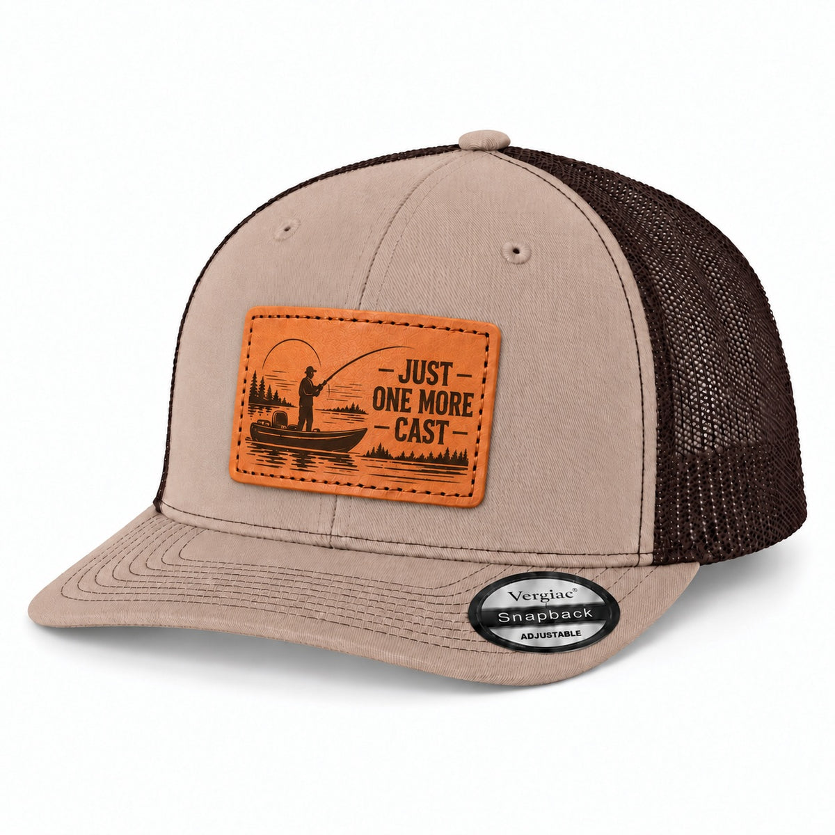 Just One More Cast Boat And Fishing Cast Graphic Leather Patch Trucker Hat