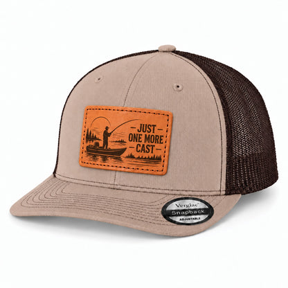 Just One More Cast Boat And Fishing Cast Graphic Leather Patch Trucker Hat