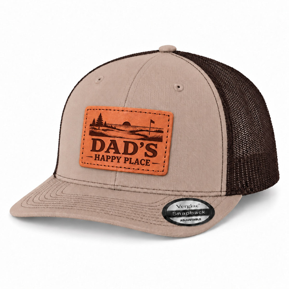 Dad's Happy Place Sunset Golf Course Graphic Leather Patch Trucker Hat