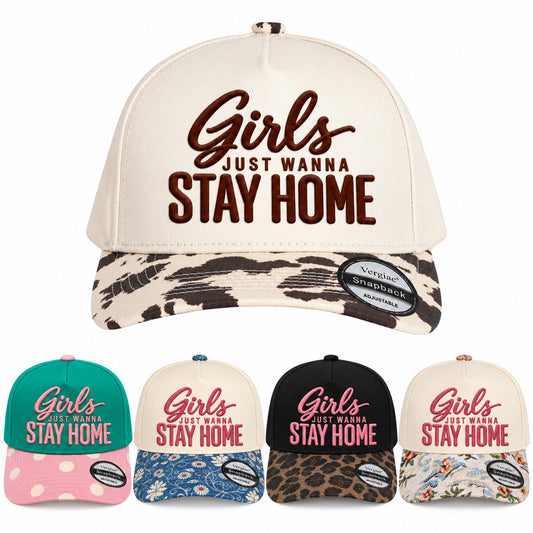 Girls JUST WANNA STAY HOME Novelty Letter Embroidered 5-Panel Cotton Trucker Hat with Printed Brim and Structured Front, Adjustable Unisex Baseball Cap, 1 Piece