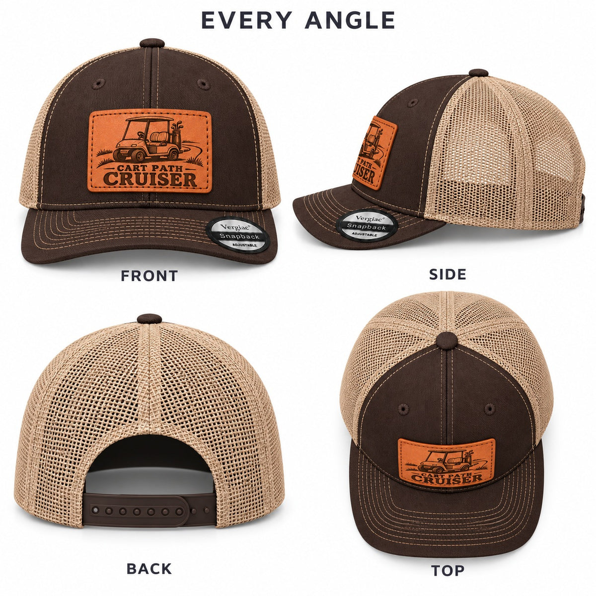 Cart Path Cruiser Golf Cart Graphic Leather Patch Trucker Hat
