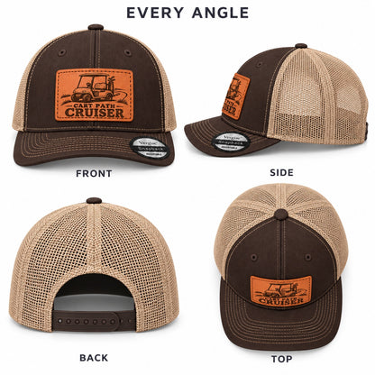 Cart Path Cruiser Golf Cart Graphic Leather Patch Trucker Hat