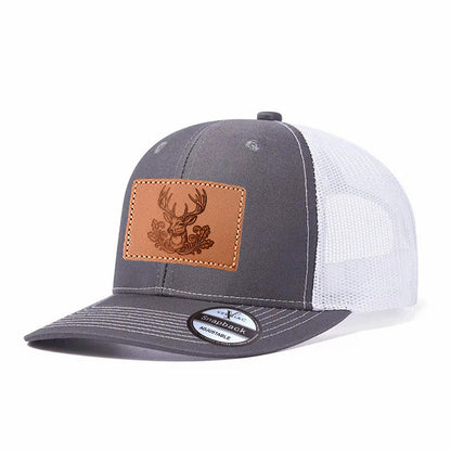 Elk Among Flowers Leather Patch Baseball Cap, Men's Breathable Adjustable Mesh Trucker Hat for Outdoor and Travel Wear