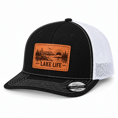 Lake Life Lakeside Chair And Mountain Graphic Leather Patch Trucker Hat