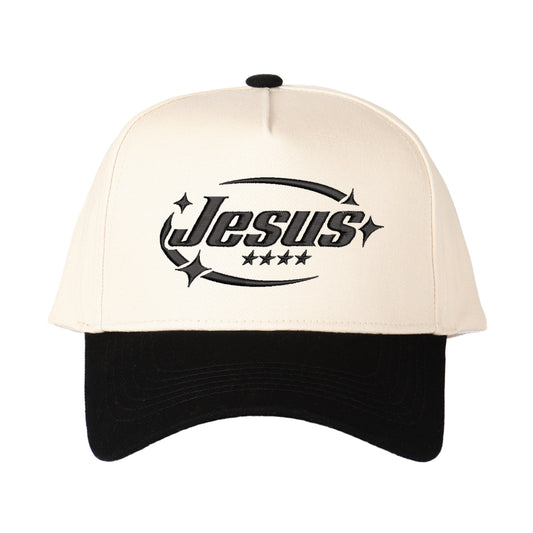 A Jesus-themed retro logo with stars and curved lines Letter Embroidered Color Block Trucker Hat Unisex Adjustable Cotton Breathable Fashion Cap for Travel Daily Wear
