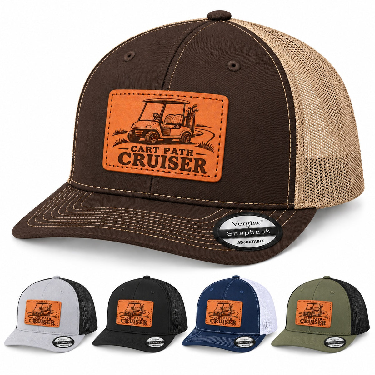 Cart Path Cruiser Golf Cart Graphic Leather Patch Trucker Hat