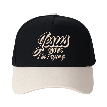 Jesus Knows I'm Trying Embroidered Trucker Hat