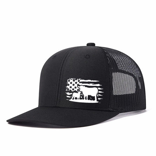 American Flag And Cattle Silhouette Leather Patch Trucker Hat