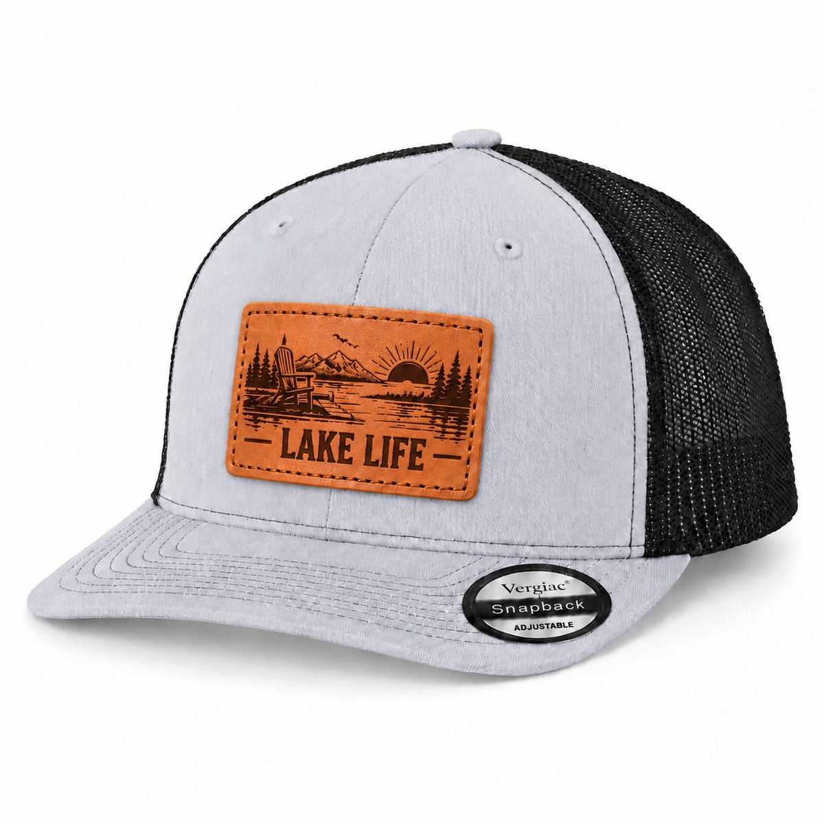 Lake Life Lakeside Chair And Mountain Graphic Leather Patch Trucker Hat