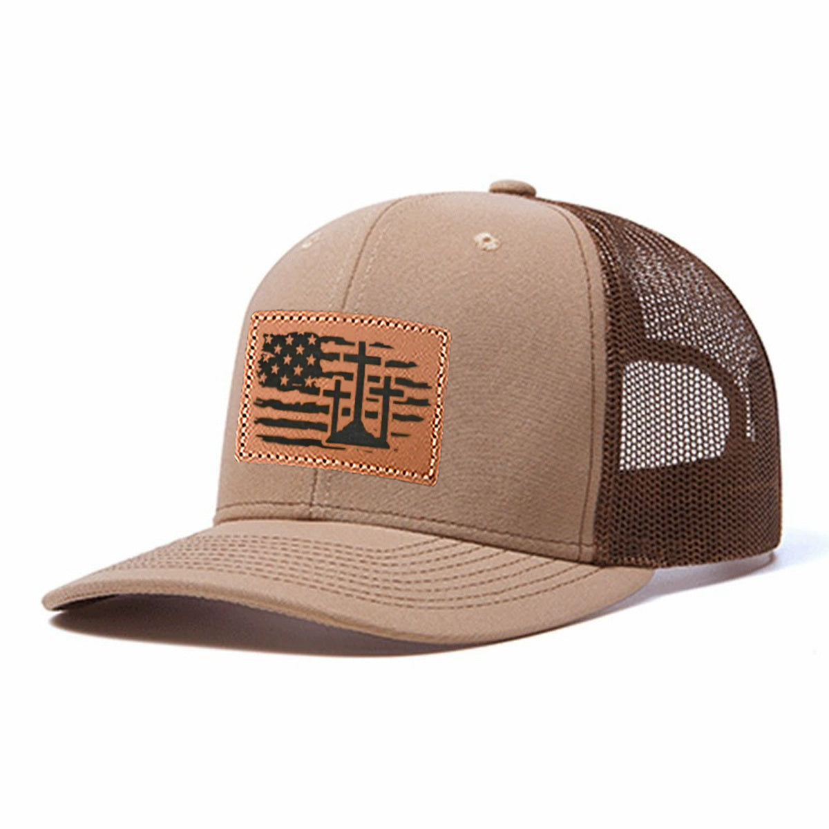 Us Flag Cross Leather Patch Trucker Hat