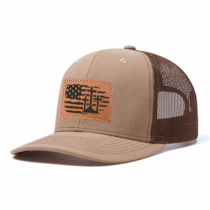 Us Flag Cross Leather Patch Trucker Hat