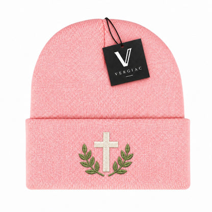 A Cross and Olive Branches Embroidered Acrylic Knitted Hat Unisex High Elasticity High Gram Weight Warm and Comfortable