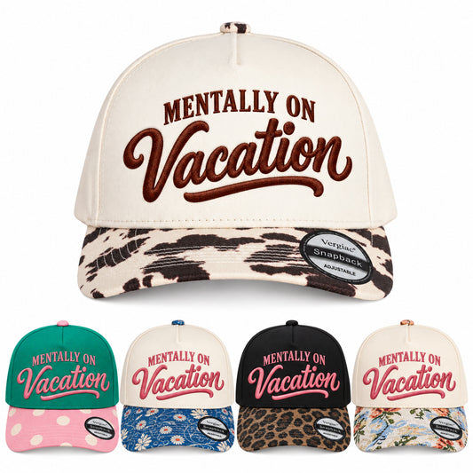 MENTALLY ON Vacation Vacation-Themed Letter Embroidered 5-Panel Cotton Trucker Hat with Printed Brim and Structured Front, Adjustable Unisex Baseball Cap, 1 Piece