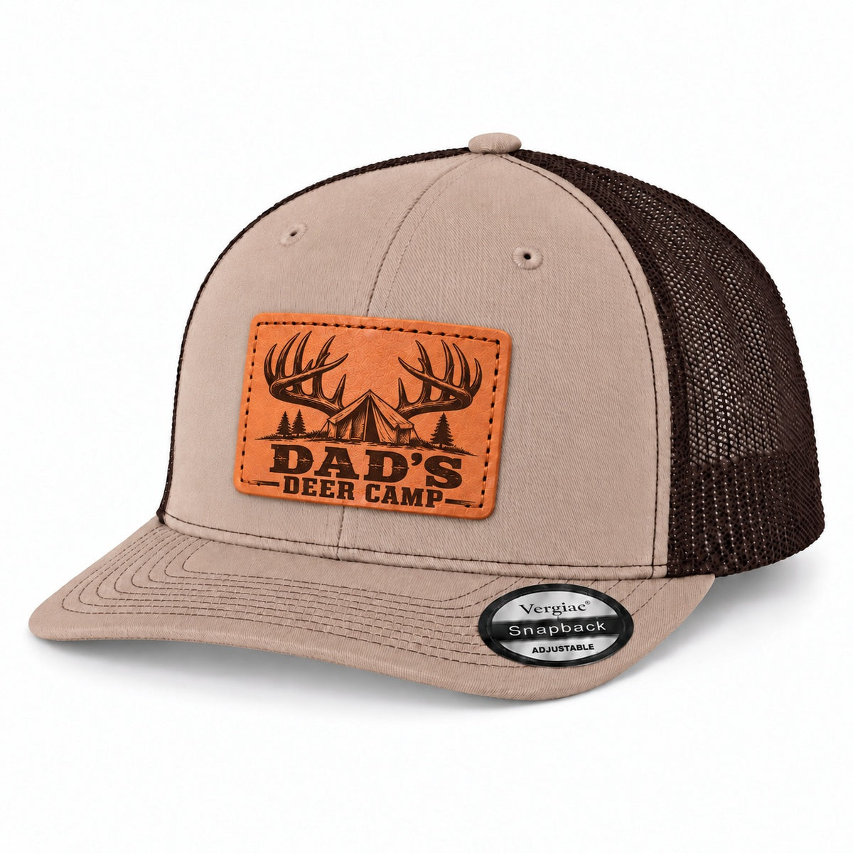 Dad's Deer Camp Antler And Tent Graphic Leather Patch Trucker Hat