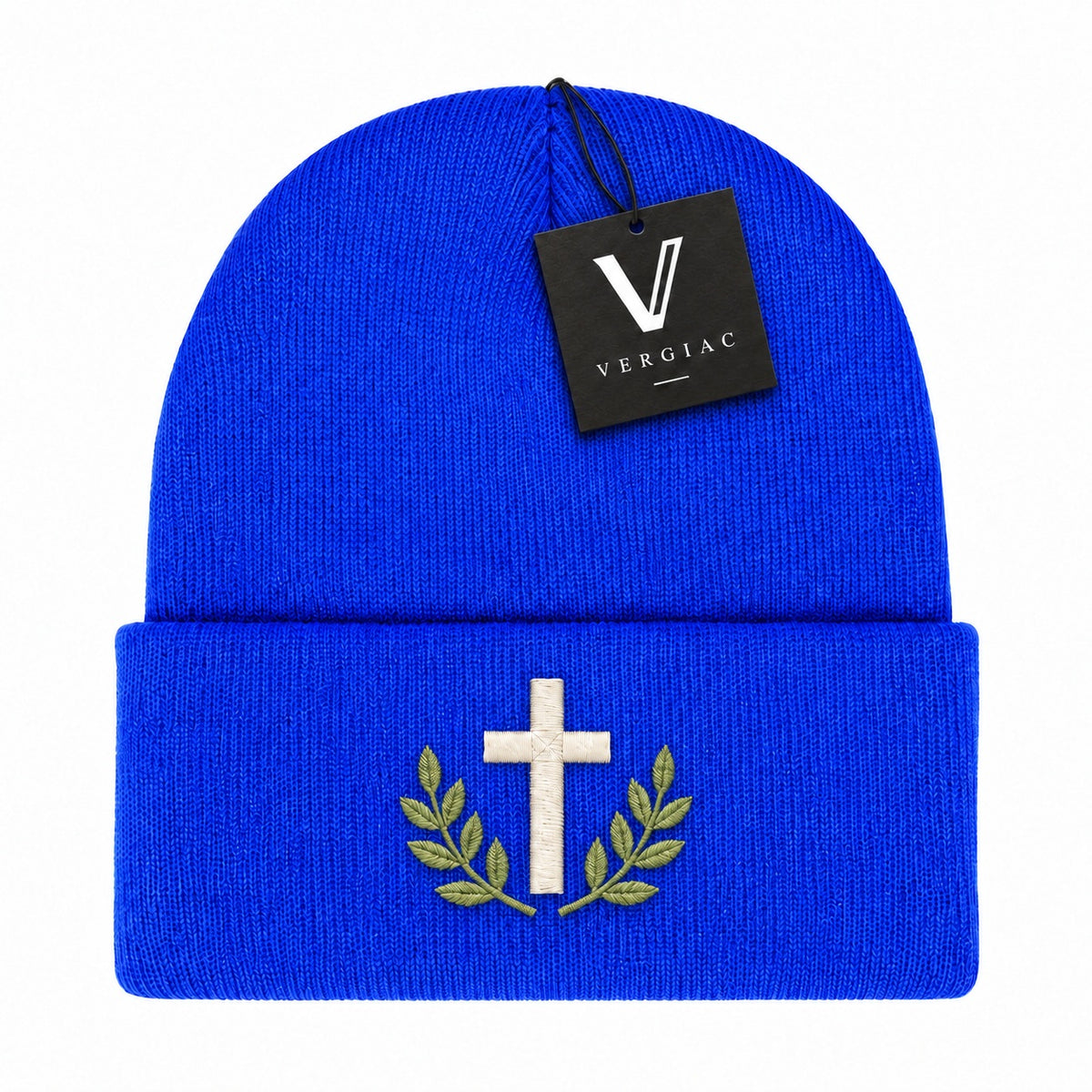 A Cross and Olive Branches Embroidered Acrylic Knitted Hat Unisex High Elasticity High Gram Weight Warm and Comfortable