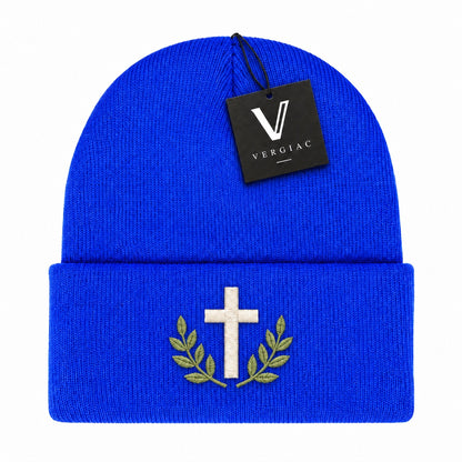 A Cross and Olive Branches Embroidered Acrylic Knitted Hat Unisex High Elasticity High Gram Weight Warm and Comfortable