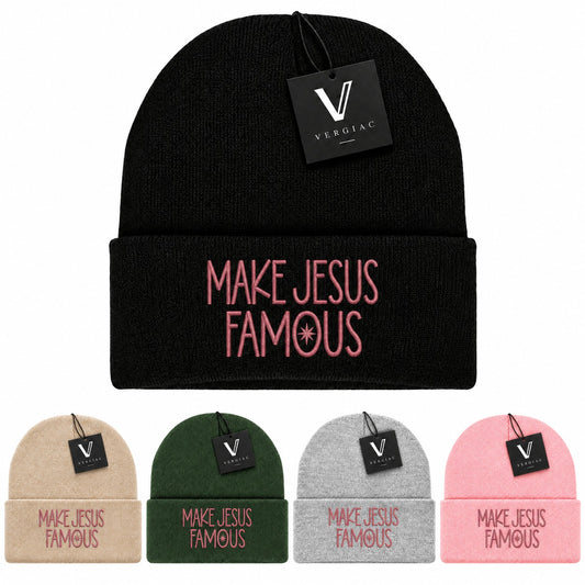 A MAKE JESUS FAMOUS Embroidered Acrylic Knitted Hat Unisex High Elasticity High Gram Weight Warm and Comfortable