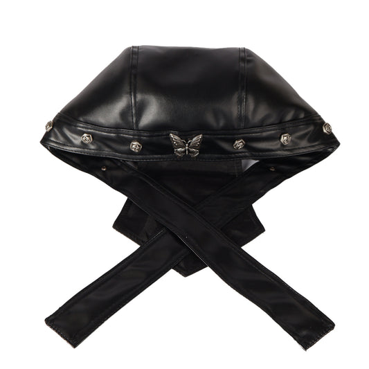 Y2K Black PU Leather Bandana Headband with Butterfly Rivets, Punk Gothic Pirate Head Scarf Hat for Women