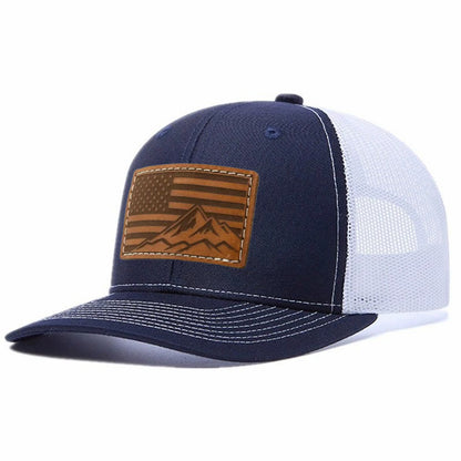 USA Flag Mountain Leather Patch Trucker Hat
