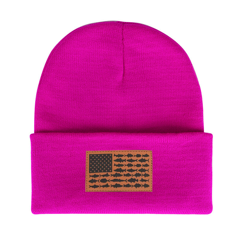 American Flag Leather Patch Beanie