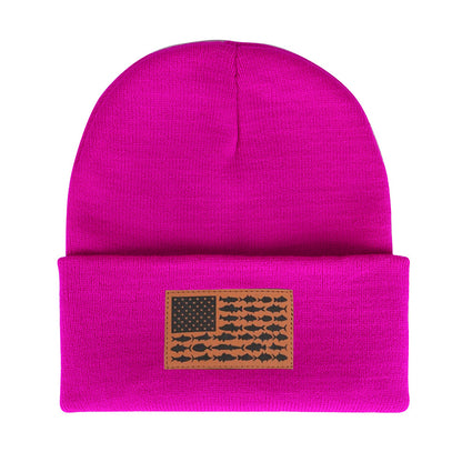 American Flag Leather Patch Beanie