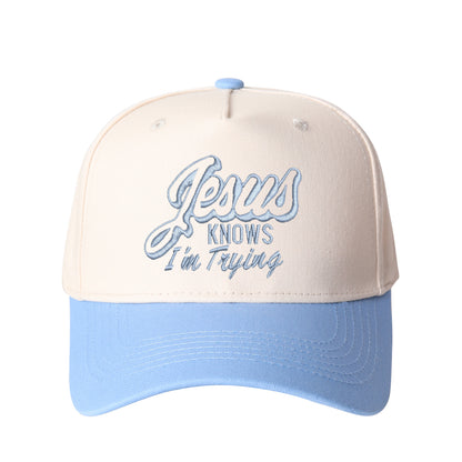 Jesus Knows I'm Trying Embroidered Trucker Hat