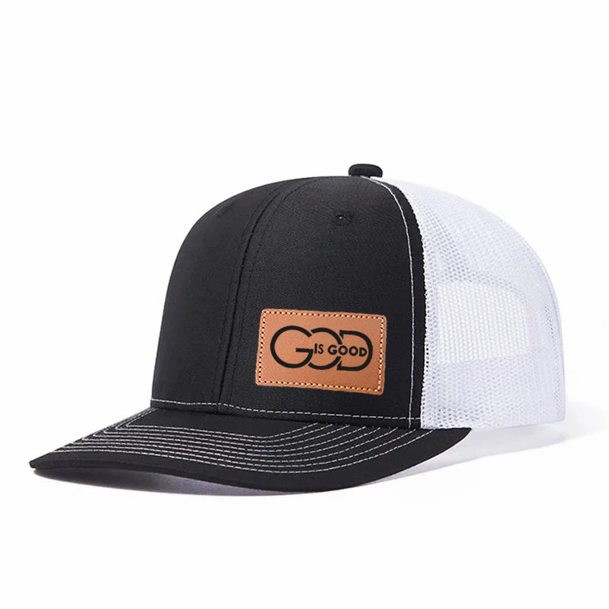 God Is Good Leather Patch Trucker Hat
