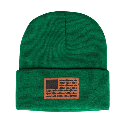 American Flag Leather Patch Beanie