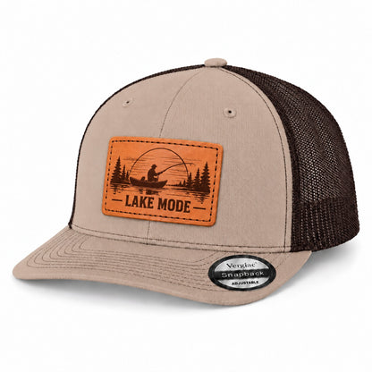 Lake Mode Lake Fishing Graphic Leather Patch Trucker Hat
