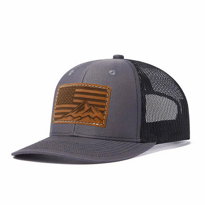 USA Flag Mountain Leather Patch Trucker Hat