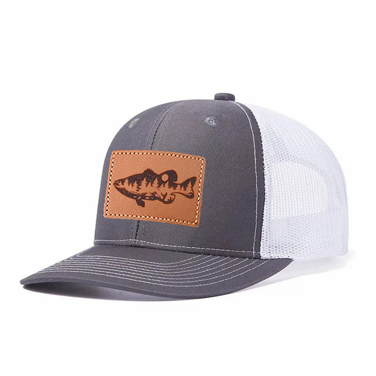 Largemouth Bass Scene Leather Patch Trucker Hat
