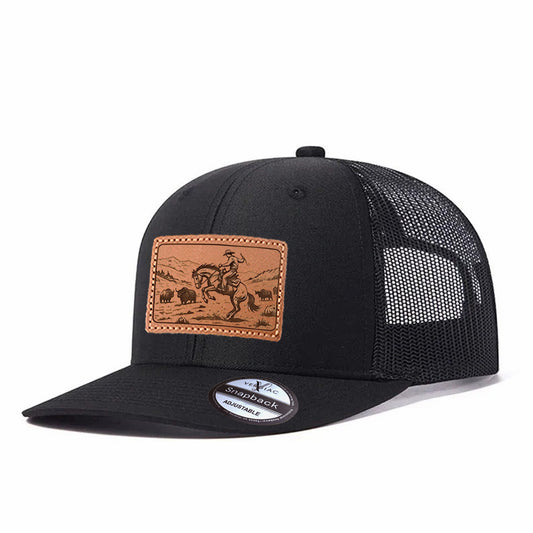 Cowboy and Horse Leather Patch Baseball Cap, Men's Breathable Adjustable Mesh Trucker Hat for Outdoor and Travel Wear